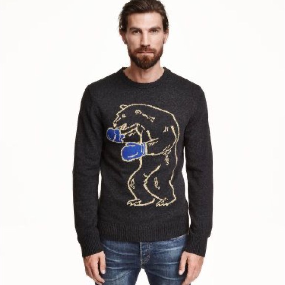 Men's Dark Gray Sweater Bear with Blue Gloves Boxing - Picture 1 of 5